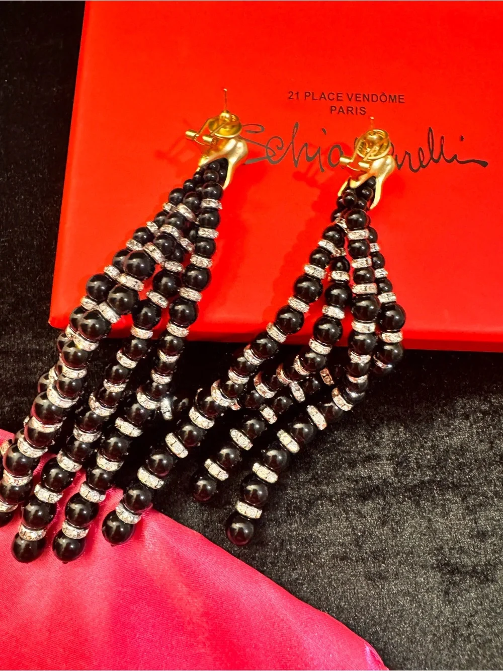 Schiaparelli inspired Elegant Black Beaded Drop Earrings with Gold Accents